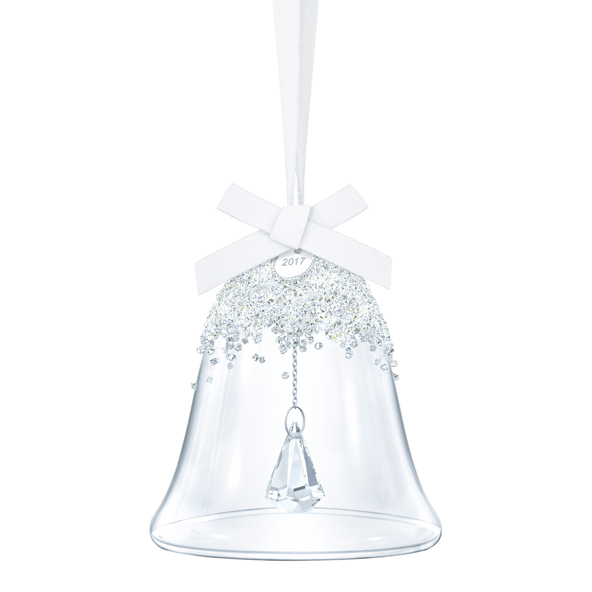 The Swarovski Christmas Bell Ornament 2017 A.E. features a clear glass bell design with a crystal drop inside, adorned with shimmering details and finished with a white ribbon bow and a “2017” tag. Offered by Swarovski, this ornament is an elegant keepsake that perfectly embodies the festive spirit for collectors in Canada.