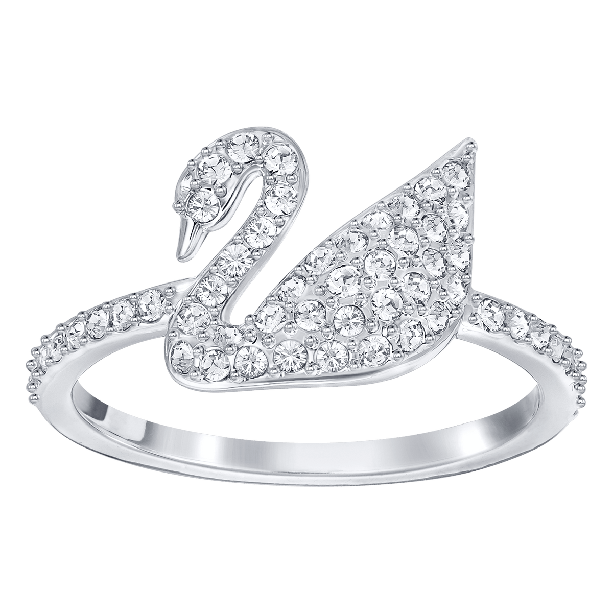 Experience the elegance of the SWAROVSKI ICONIC SWAN Ring White, Size 52 by Swarovski—featuring a stunning swan motif adorned with sparkling clear crystals on both the swan and the band. Available now at Raffi Jewellers.