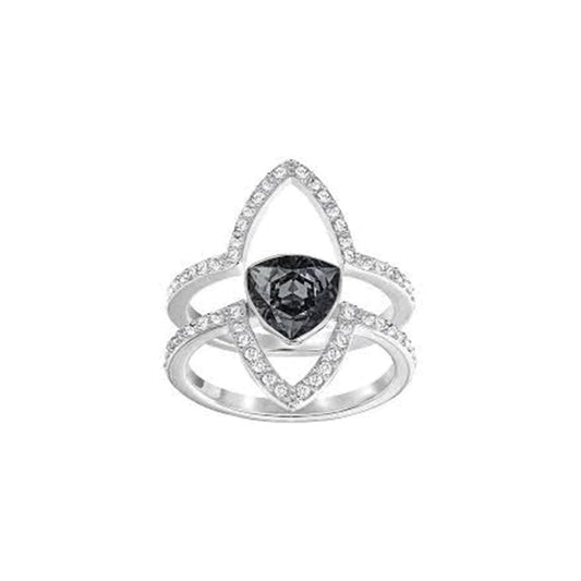 The Swarovski Fantastic Modular Ring, crafted by Swarovski, features a breathtaking geometric design with a central triangular black stone. The band is adorned with dazzling crystals that encircle the stone and elegantly extend along its double-band structure.