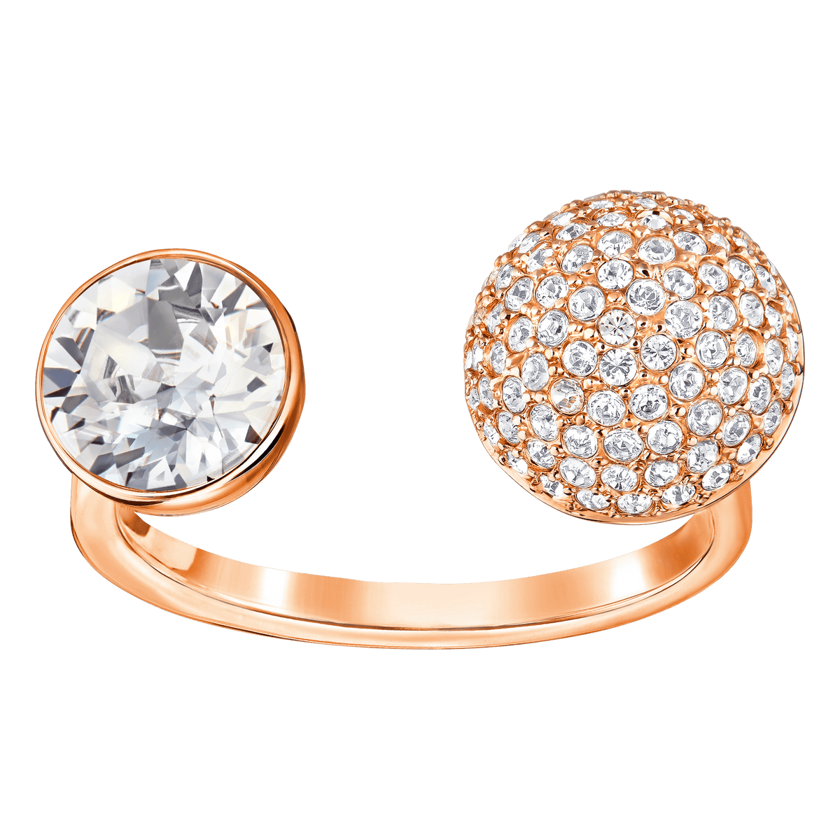 Introducing the Swarovski Ring Forward size 58 (Style Number: [insert style number here])—a stunning rose gold open ring by Swarovski, showcasing a large, clear round gemstone on one end and a spherical cluster of smaller clear crystals on the other, beautifully displayed against a white background. Available at Raffi Jewellers, an authorized retailer of Swarovski Canada.