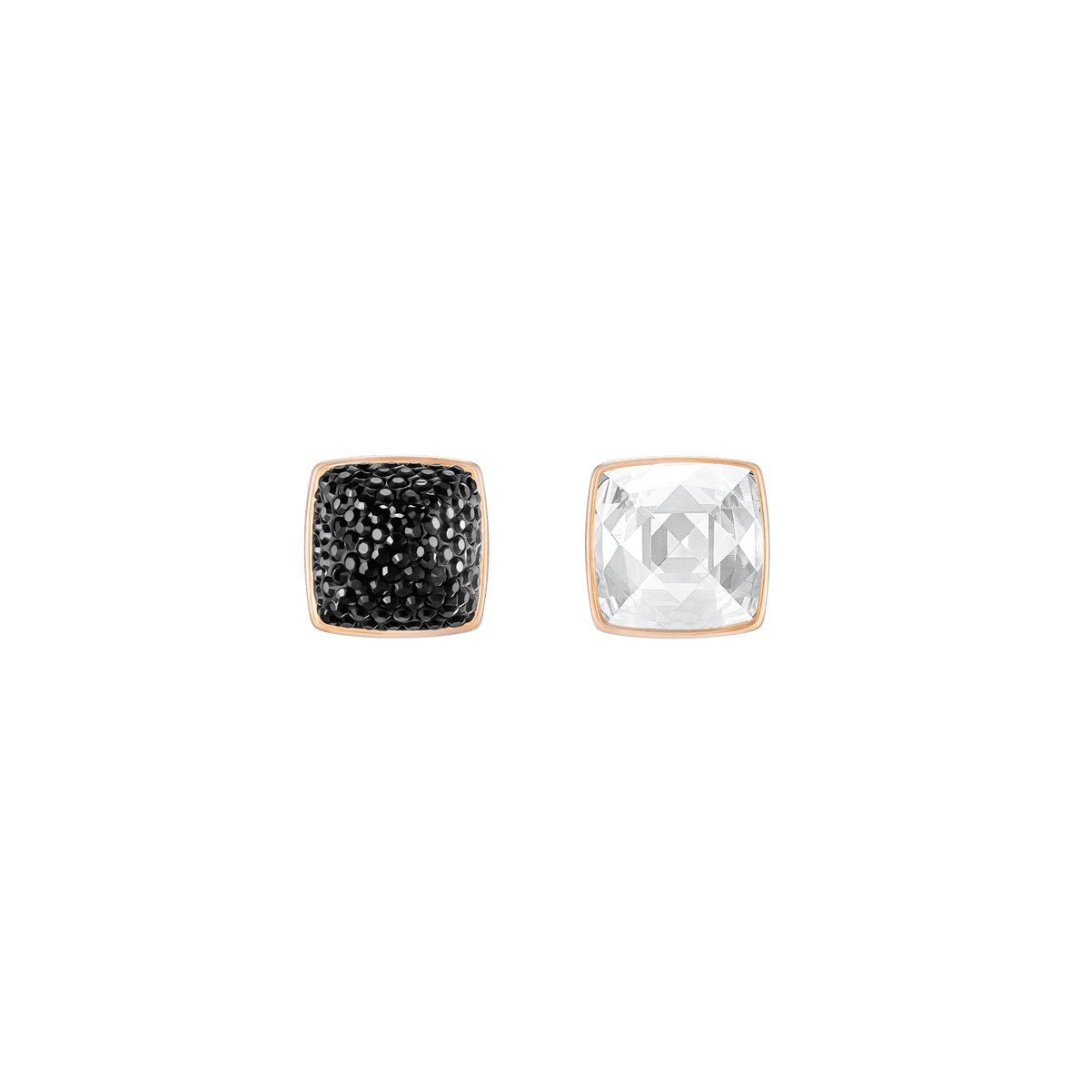 Two square stud earrings from Swarovski are shown: one with a textured black surface and the other featuring a clear, faceted Swarovski gemstone. Each earring is outlined with a slim gold border and displayed against a plain white background.