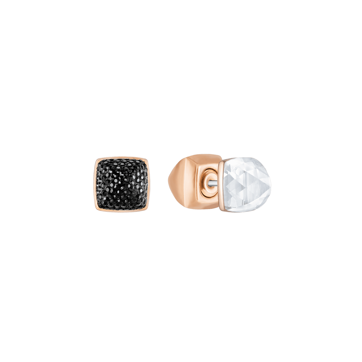 Experience modern elegance with this unique pair of Swarovski stud earrings: one features a black textured square in a gold-toned setting, while the other displays a faceted clear square in gold—both showcased beautifully against a white background. Discover authentic Swarovski style and contemporary design from an authorized Canadian retailer.