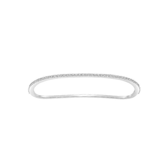 The Swarovski Vittore Cuff, a sleek silver bracelet featuring a thin band with a textured surface and adorned with shimmering white crystals, is elegantly set against a plain white background.