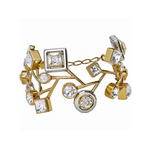 The Swarovski Atelier Bracelet by Swarovski is a gold bracelet with an intricate geometric design, showcasing square and circular settings adorned with sparkling clear gemstones. It also features a delicate chain for added detail.