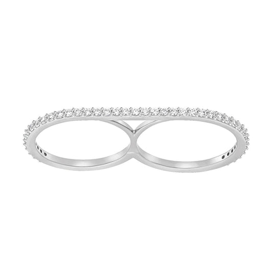 The Swarovski Vittore Double Ring combines elegance and minimalism with its silver design, featuring a row of sparkling crystals along the top and rhodium plating. This sophisticated piece by Swarovski is crafted to grace two fingers effortlessly.