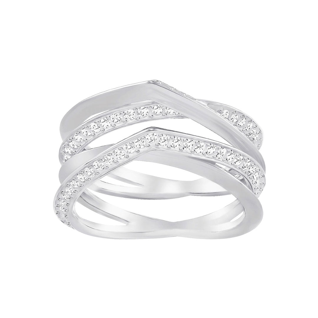The Swarovski Genius Ring from the renowned brand Swarovski boasts a silver rhodium-plated band adorned with intricately overlapping bands, each embellished with small, sparkling white crystals. Its wave-like pattern beautifully embodies the piece's elegant and modern aesthetic.