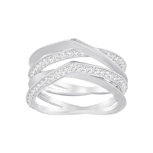 The Swarovski Genius Ring from the renowned brand Swarovski boasts a silver rhodium-plated band adorned with intricately overlapping bands, each embellished with small, sparkling white crystals. Its wave-like pattern beautifully embodies the piece's elegant and modern aesthetic.