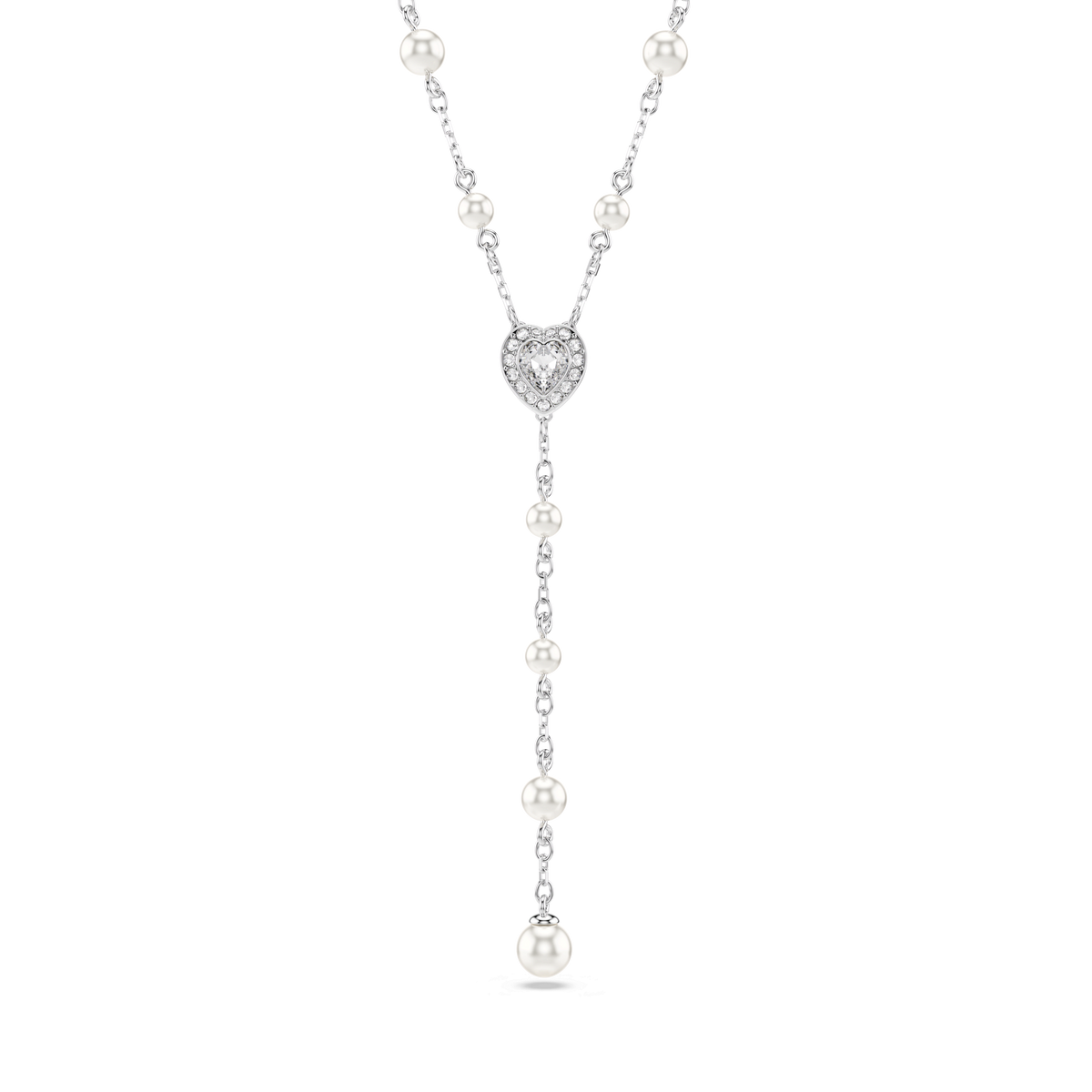 Swarovski Ariana Grande x Swarovski Y necklace features evenly spaced crystal pearls and a central heart-shaped pendant adorned with sparkling crystals, with a drop chain finishing in a single radiant crystal pearl. This rhodium-plated piece, inspired by Ariana Grande’s signature style, is beautifully presented on a plain white background.