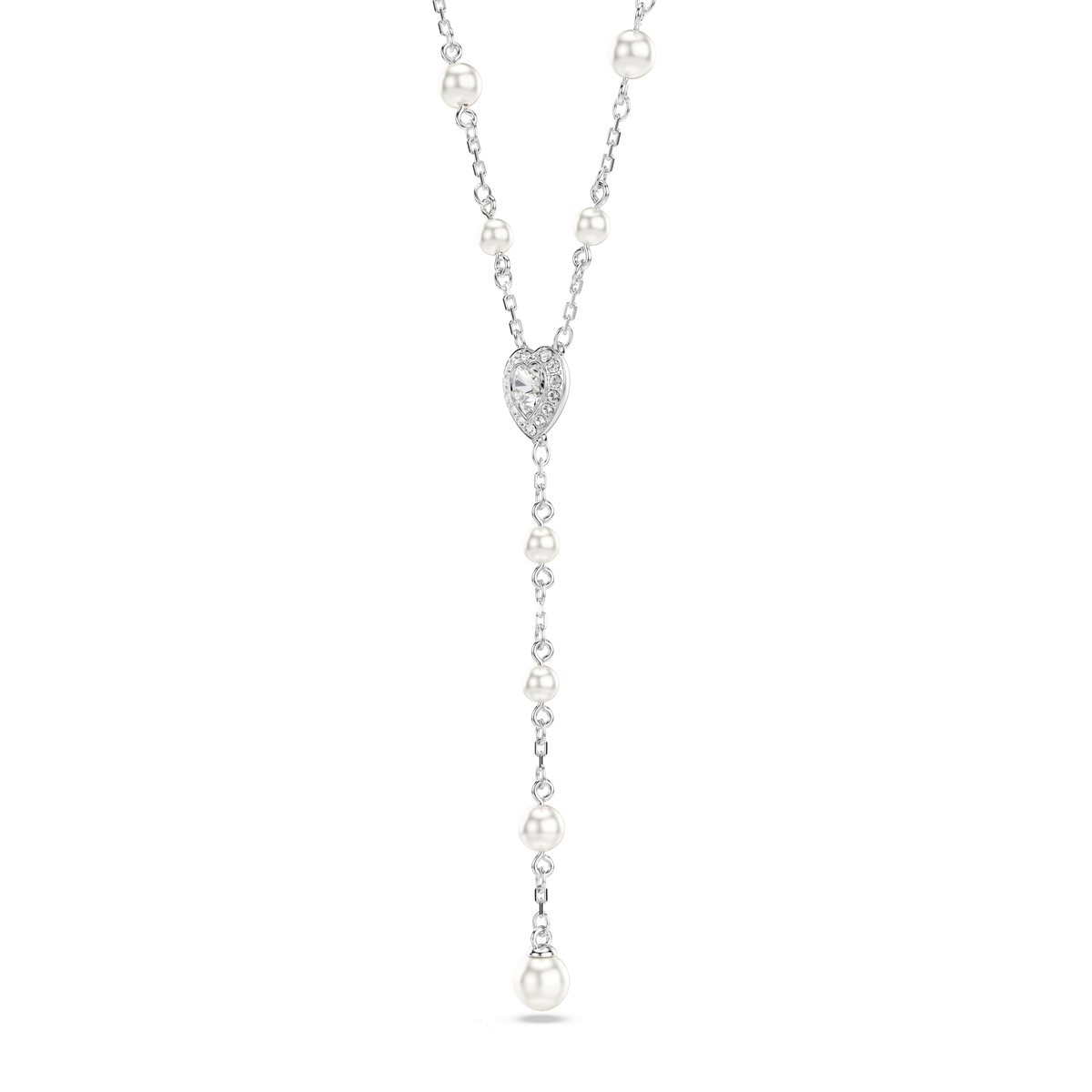 Swarovski Ariana Grande x Swarovski Y necklace showcases white crystal pearls and mixed-cut stones spaced along a rhodium-plated chain, featuring a heart motif and a single dangling pearl teardrop centerpiece, displayed against a plain white background.