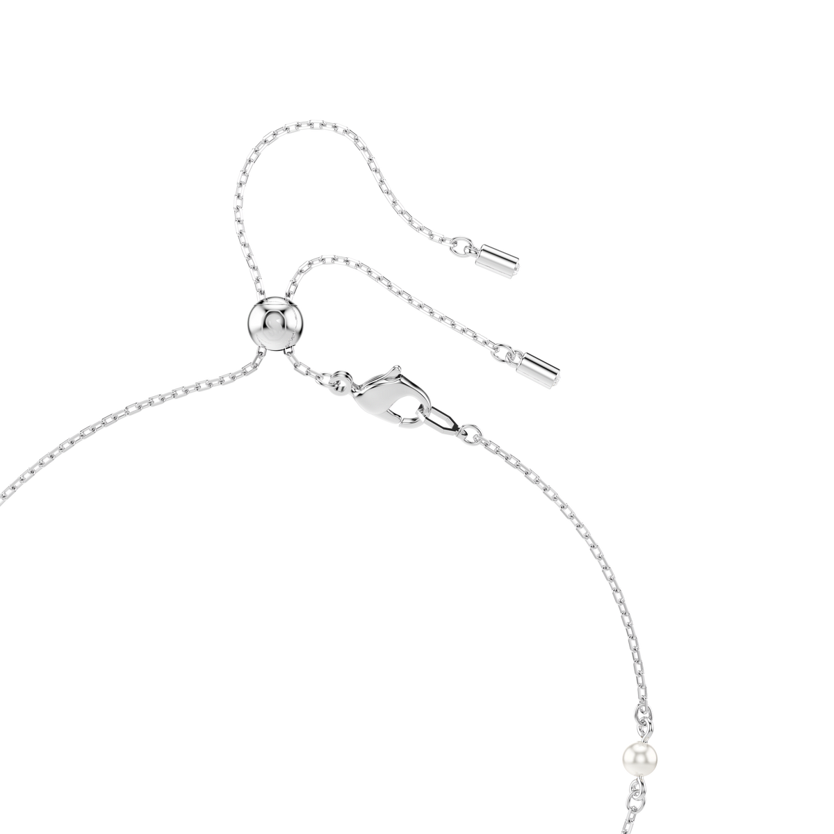 A delicate rhodium-plated Y necklace from the Swarovski Ariana Grande x Swarovski collection, featuring a heart-shaped centerpiece, a crystal pearl inspired by mixed-cut designs, and adjustable clasp, displayed on a white background.
