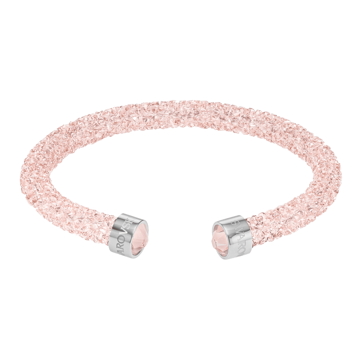 A pink Swarovski Crystal DUST: Cuff bracelet with silver-tone metal caps on each end, displayed on a white background—a sparkling accessory from Raffi Jewellers, your trusted source for Swarovski.