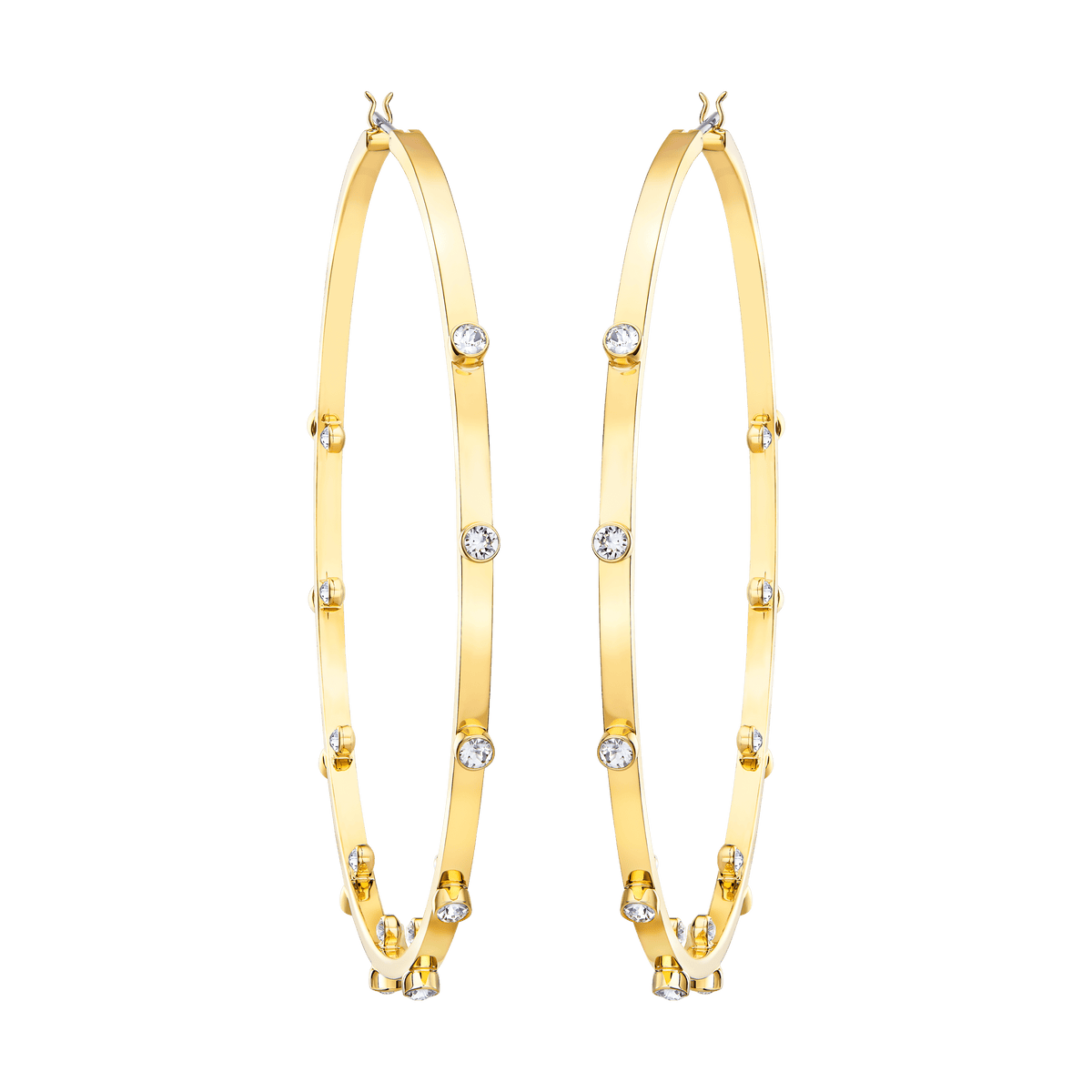 The Swarovski Genna Hoop Earring Y by Swarovski features gold hoops adorned with evenly spaced round clear gemstones, elegantly displayed against a plain white background.