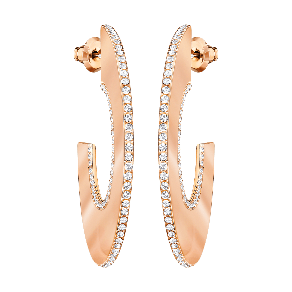 Rose gold hoop earrings featuring a modern, curved silhouette and adorned with sparkling white crystals along both the inner and outer edges, showcased against a clean white background. Explore the Swarovski Gelane Hoop R earrings from Swarovski at Raffi Jewellers for a sophisticated addition to any outfit.
