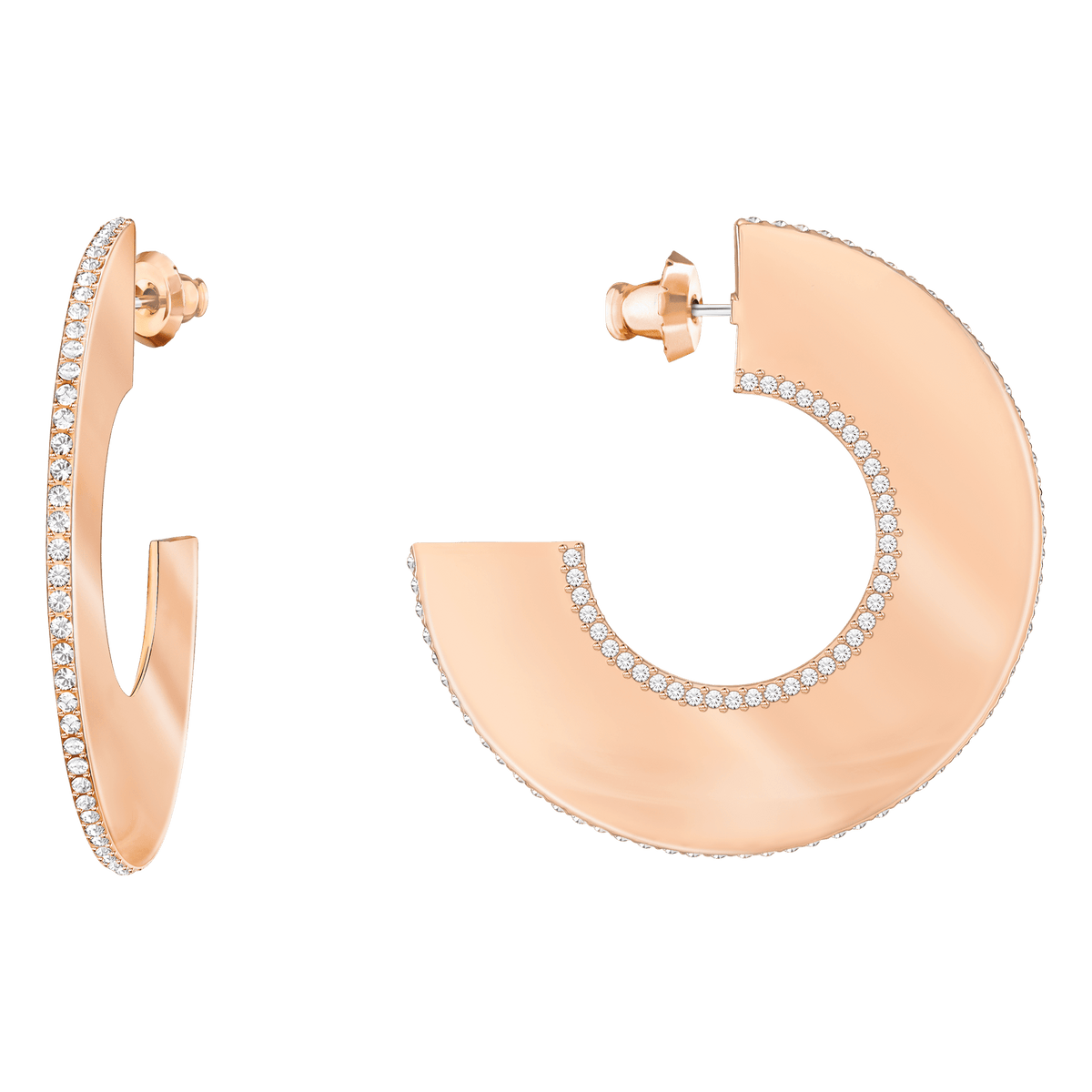 Experience the refined beauty of the Swarovski Gelane Hoop R earrings, available from Raffi Jewellers. Crafted by Swarovski, these elegant rose gold hoops showcase a partial circular design and are embellished with rows of shimmering white stones along both the outer and inner edges. Displayed from both front and side views, they exemplify sophisticated craftsmanship—exclusively at Swarovski Canada.