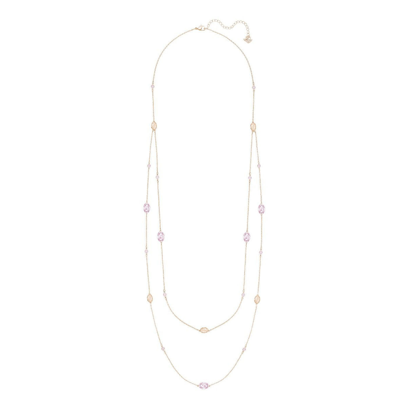 The Swarovski Grass Strandage Necklace is a breathtaking piece featuring a long rose gold-plated chain, embellished with alternating pink and peach gemstone beads in a double layer design. This exquisite necklace showcases sparkling pink crystals and includes an adjustable clasp to ensure the perfect fit.