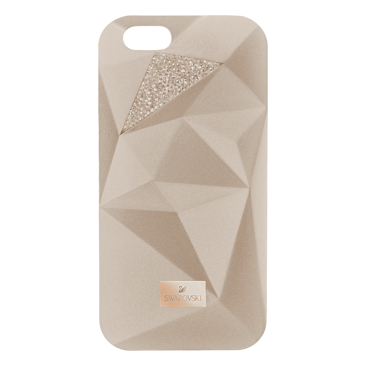 Swarovski Facets IP7 PLUS: Incase by Swarovski is a beige geometric iPhone case featuring a crystal-studded section inspired by Swarovski Facets and a small metallic Swarovski logo at the bottom.