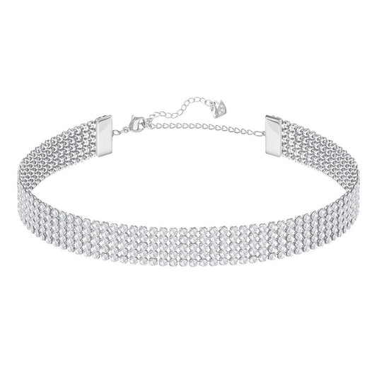 The Swarovski Fit Choker, from the brand Swarovski, captivates with several rows of tiny white crystals set on a shimmering silver background. It is beautifully enhanced with palladium plating and includes an adjustable chain and clasp to ensure a perfect fit.