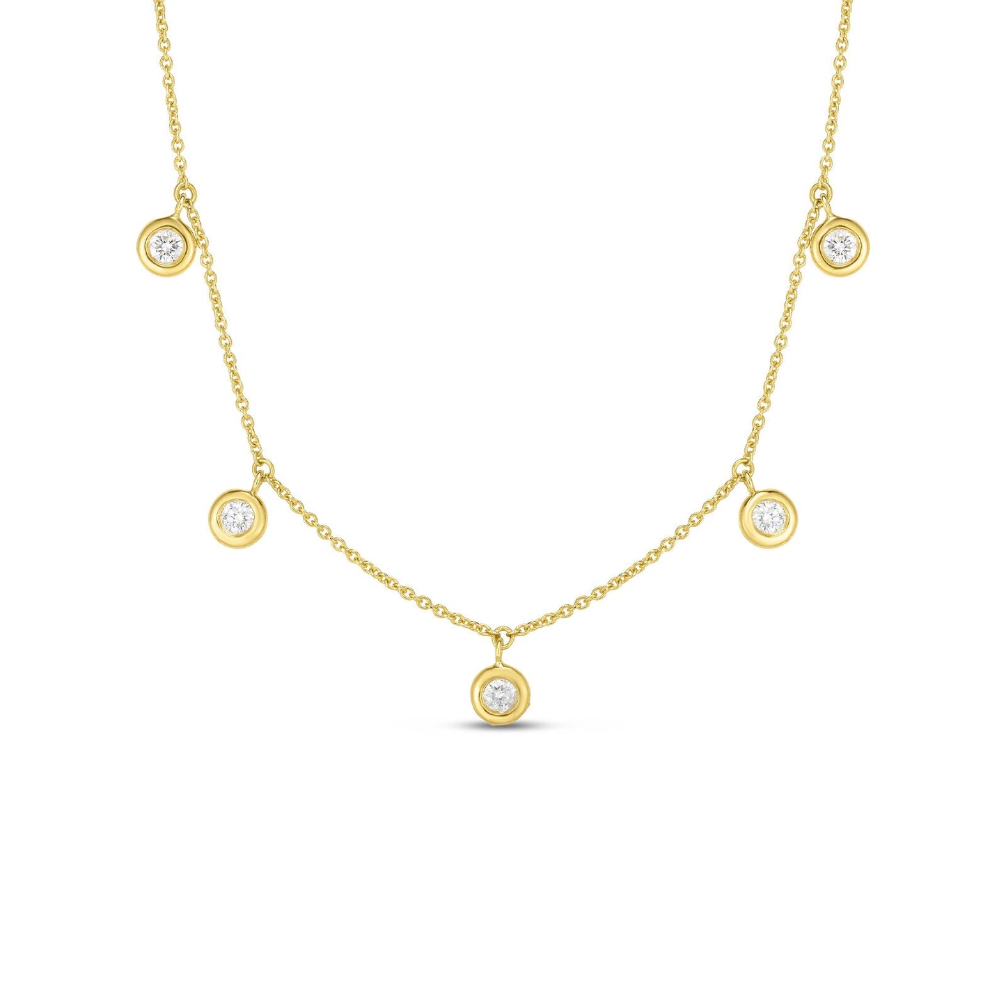 The Roberto Coin Diamonds By The Inch 18K Yellow Gold Dangling Five Station Necklace showcases five delicately positioned diamond stations on a fine chain. Each round diamond is encased in a gold bezel, highlighted against a simple white backdrop.