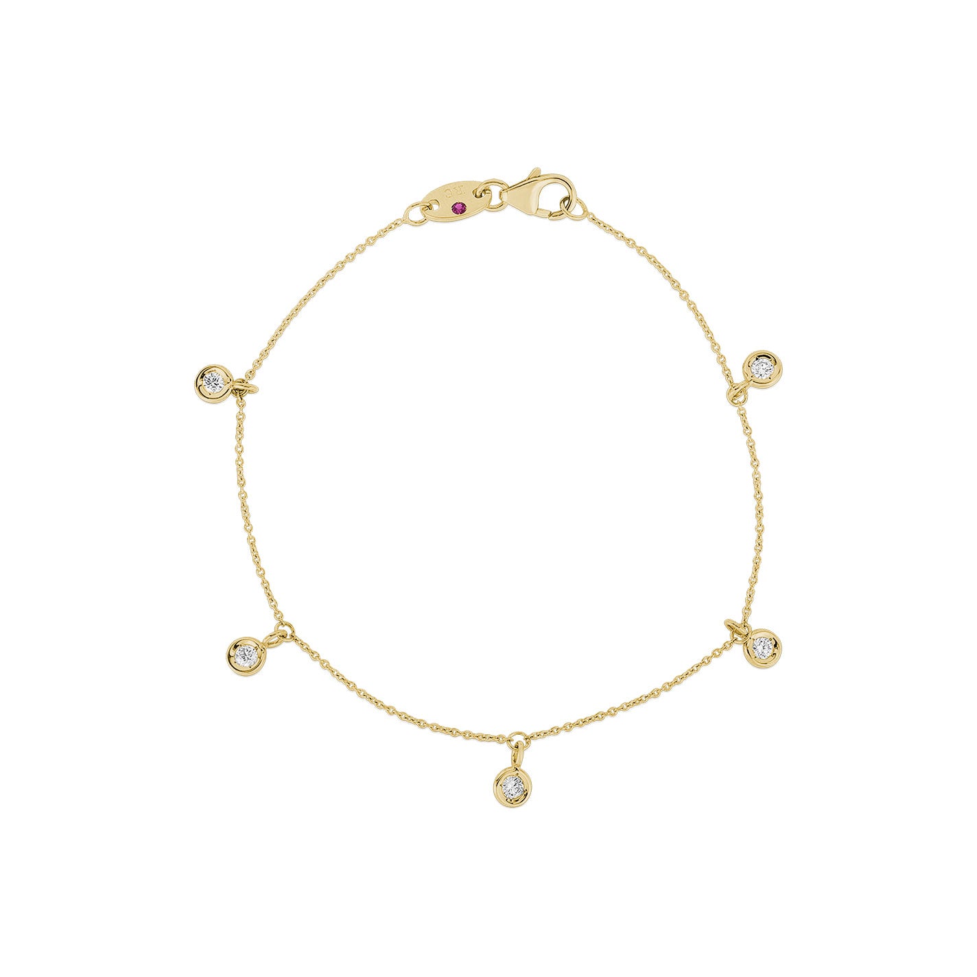 The Roberto Coin Diamonds By The Inch 18K Yellow Gold Dangling Five Station Bracelet is a luxurious piece expertly crafted from 18K yellow gold. It features five diamond pendants evenly spaced along the bracelet and is secured with a lobster clasp.