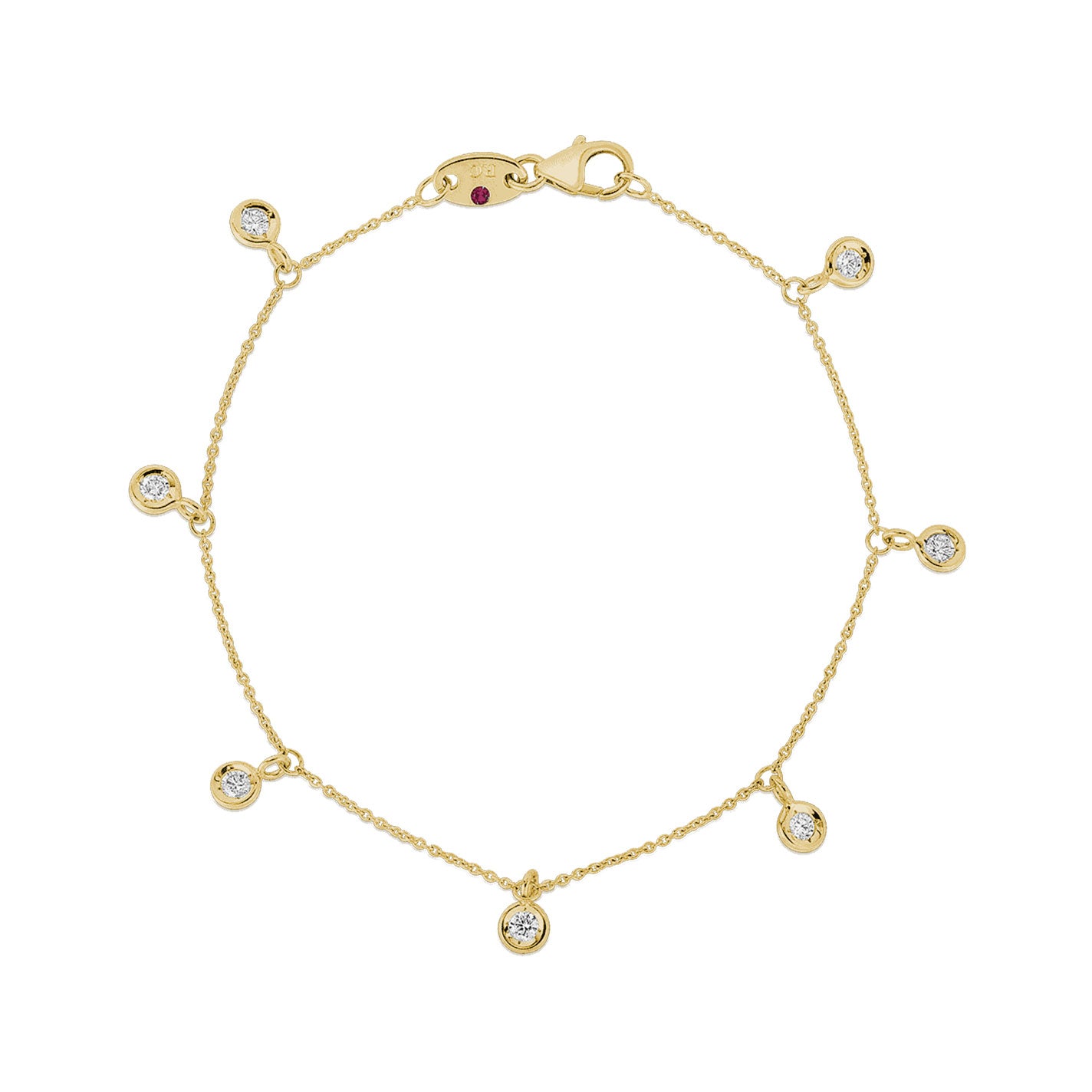 Indulge in the luxury and craftsmanship of Roberto Coin's Diamonds By The Inch collection with this stunning 18K yellow gold bracelet. Featuring a design of seven evenly spaced circular charms, each set with a dazzling gemstone, this bracelet is crafted with a fine chain and finished with a secure lobster clasp for effortless elegance.