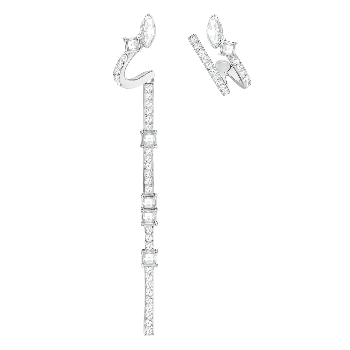 A pair of Swarovski Henrietta Long Earrings from Swarovski, featuring a modern geometric design with clear crystals; one earring displays an elegant, long vertical drop adorned with square stones, while the other takes the form of a short horizontal bar set with a single oval stone—an asymmetric and contemporary style reminiscent of sought-after pieces at Swarovski Canada.