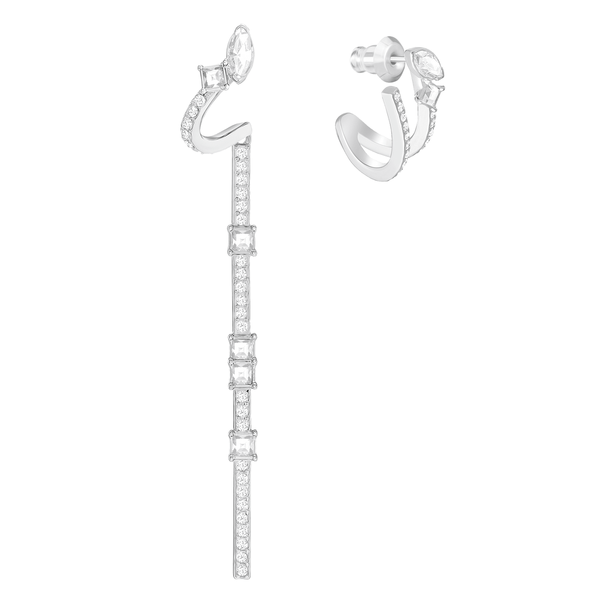 Introducing the Swarovski Henrietta Long Earring CRY/RHS—a striking pair of asymmetrical silver earrings from Swarovski, featuring one elongated vertical bar and one shorter, curved design adorned with brilliant clear gemstones. These refined earrings are an elegant addition offered by Raffi Jewellers and a sophisticated way to add the signature sparkle of Swarovski Canada to any look.