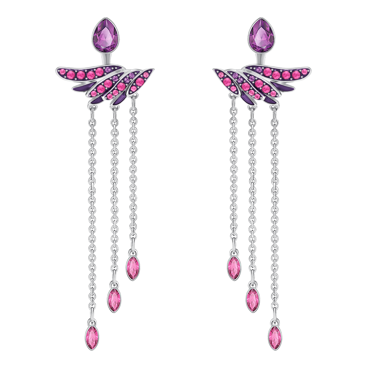 Elevate your style with the Swarovski Hearty Long Earrings DMUL/PDS by Swarovski, featuring a striking wing-shaped design in silver with delicate pink gemstones. Three dangling chains, each adorned with a shimmering pink gem drop, add graceful movement and sparkle. This exquisite piece captures Swarovski’s signature elegance, bringing a touch of brilliance to any ensemble.
