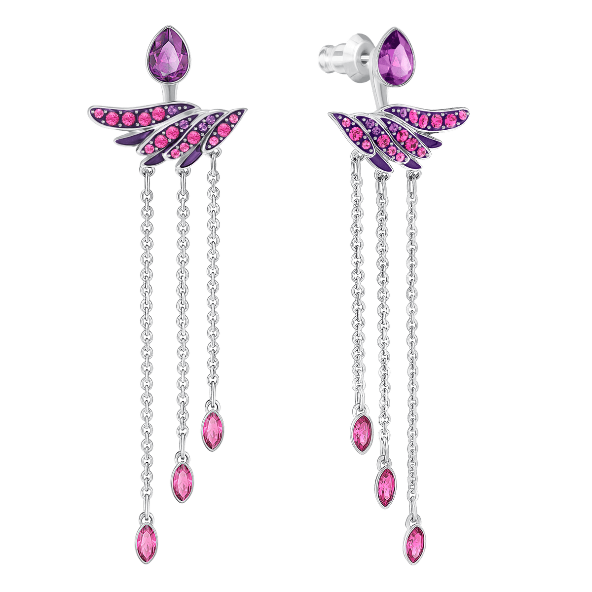 Elevate your look with the Swarovski Hearty Long Earrings DMUL/PDS—exquisite silver earrings adorned with purple and pink gemstones. Each earring showcases graceful, wing-shaped designs accented by three delicate chains, each finished with a shimmering pink gem. Inspired by Swarovski’s signature elegance, these statement pieces bring the same level of luxury found at Raffi Jewellers and in curated selections from Swarovski Canada.