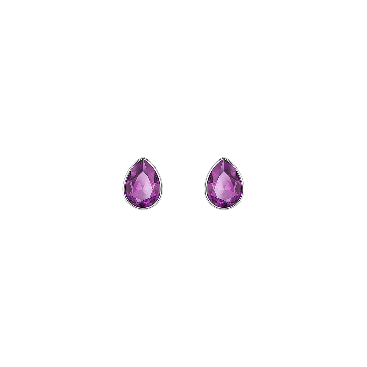 A pair of Swarovski Hearty Long Earrings DMUL/PDS, featuring elegant teardrop-shaped purple gemstones set in silver, reminiscent of the refined styles offered by Swarovski, displayed on a plain white background.
