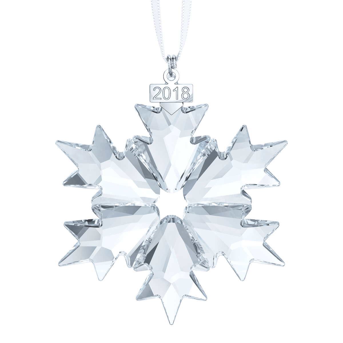 The Swarovski Annual Edition Ornament 2018 by Swarovski showcases a shimmering crystal snowflake with a sparkling “2018” tag at the top, suspended from a white ribbon against a plain white background. Find this collectible at Raffi Jewellers, your trusted Swarovski Canada retailer.