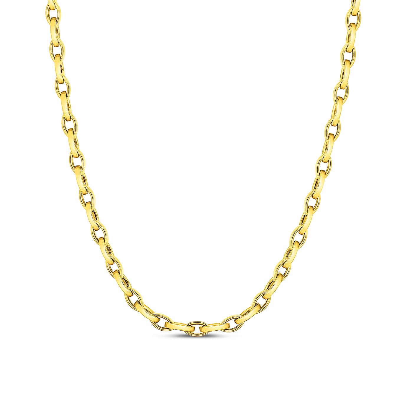 From the Designer Gold collection by Roberto Coin, the Roberto Coin Designer 18K Yellow Gold Almond Link Chain Necklace showcases elegant oval links set against a simple white background.