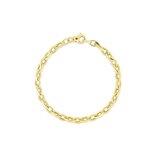 The Roberto Coin Designer 18K Yellow Gold Almond Link Chain Bracelet showcases uniform links with a simple clasp, embodying a classic and elegant design. The almond link pattern by Roberto Coin is highlighted against a white background, accentuating its shiny, polished finish.