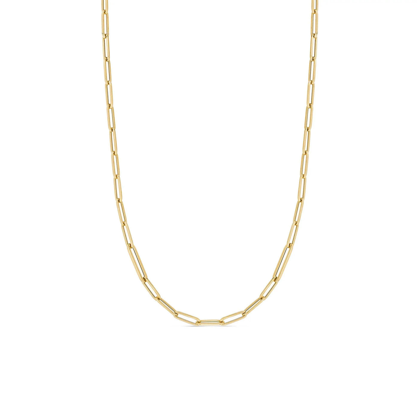 Introducing the Roberto Coin 18K Yellow Gold Paperclip Link Chain, crafted by Roberto Coin. This elegant necklace showcases an arrangement of elongated links in a simple yet sophisticated design and is presented against a plain white background.