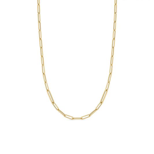 Introducing the Roberto Coin 18K Yellow Gold Paperclip Link Chain, crafted by Roberto Coin. This elegant necklace showcases an arrangement of elongated links in a simple yet sophisticated design and is presented against a plain white background.