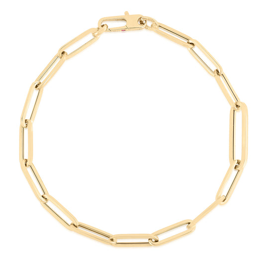 The Roberto Coin Designer bracelet is a minimalist piece crafted from 18K yellow gold, featuring paper clip link chains and a secure clasp closure.