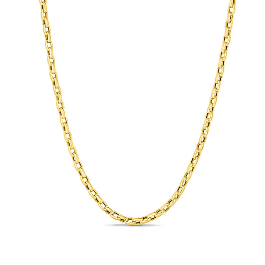 The Roberto Coin Designer 18K Yellow Gold Fine Gauge Square Link Chain Necklace, crafted from elegant 18k yellow gold and featuring a classic link design, is part of the renowned Designer Gold collection. Displayed on a plain white background, this piece from Roberto Coin forms a gentle curve in the image, highlighting its polished finish and timeless style.