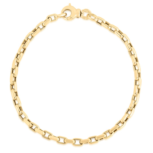 Introducing the Roberto Coin Designer 18K Yellow Gold Fine Gauge Square Link Chain Bracelet. This exquisite piece boasts a contemporary design with square links and features a luxury lobster clasp closure. Meticulously crafted in 18k yellow gold, it embodies elegance and sophistication, presented elegantly on a plain white background.