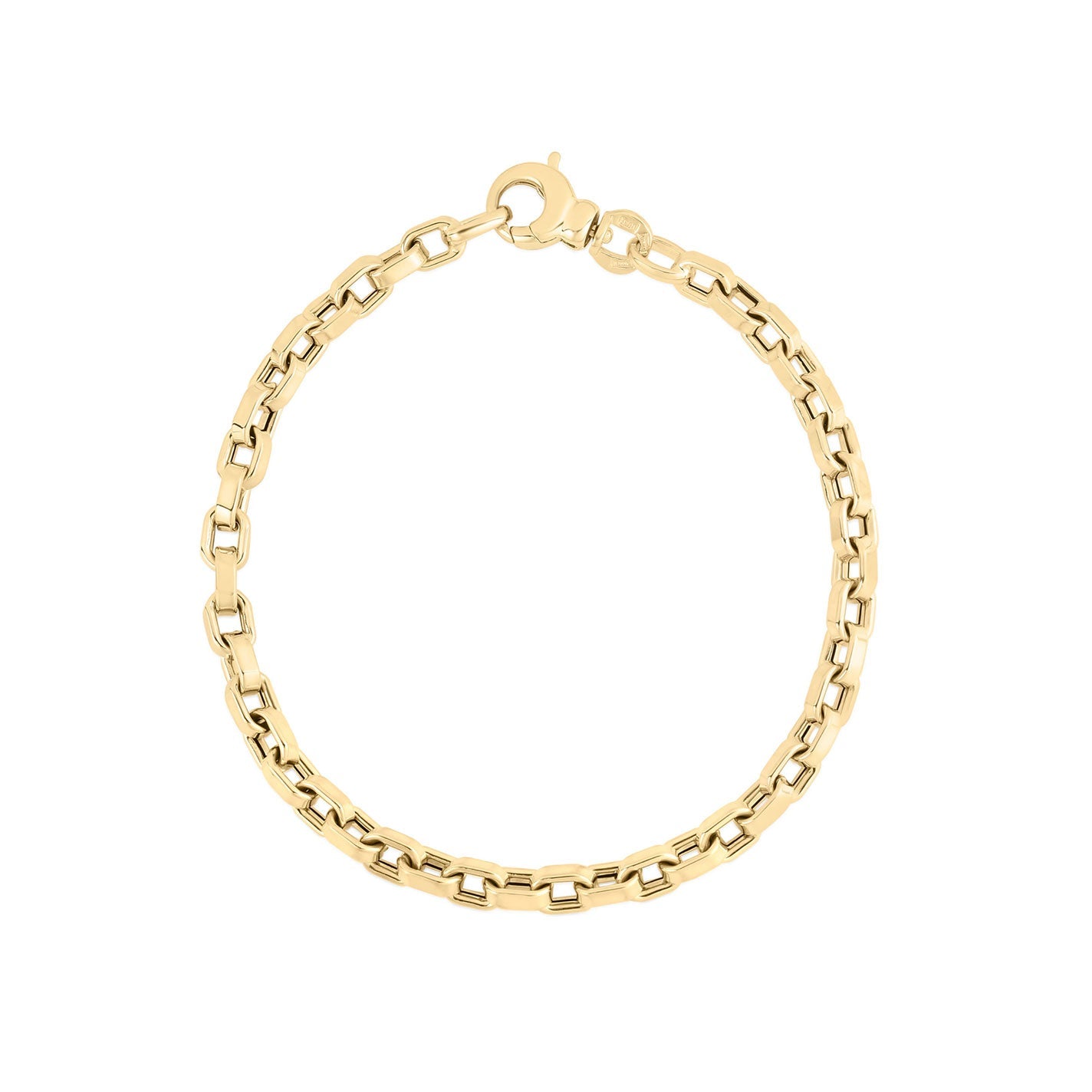 The Roberto Coin Designer 18K Yellow Gold Square Link Chain Bracelet by Roberto Coin is elegantly showcased against a white background, featuring its beautiful square links and secure lobster clasp.