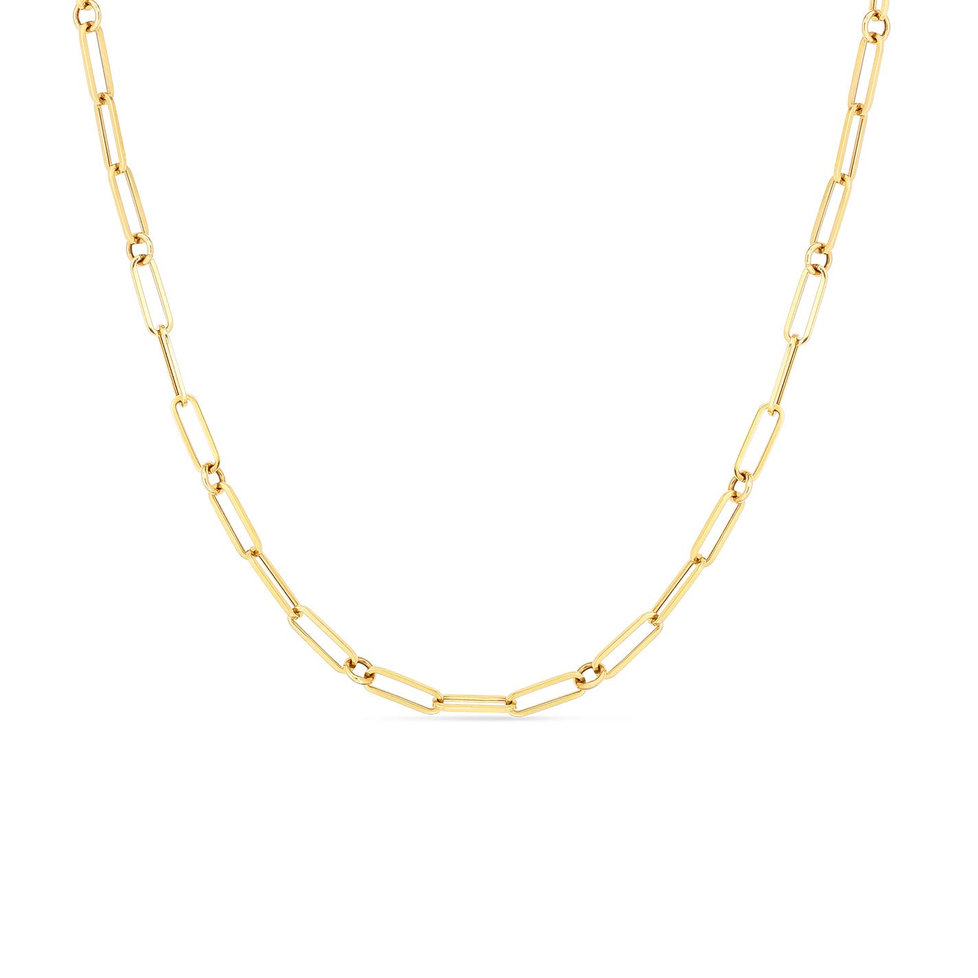 Set against a white backdrop, the Roberto Coin Designer 18K Yellow Gold Paper Clip and Round Link Chain Necklace features elongated, interlocking paperclip links. Its simple yet elegant design embodies Roberto Coin's signature style.