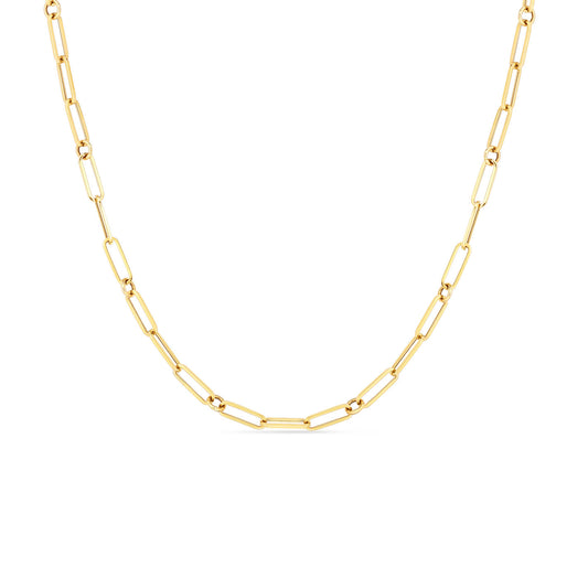 Set against a white backdrop, the Roberto Coin Designer 18K Yellow Gold Paper Clip and Round Link Chain Necklace features elongated, interlocking paperclip links. Its simple yet elegant design embodies Roberto Coin's signature style.