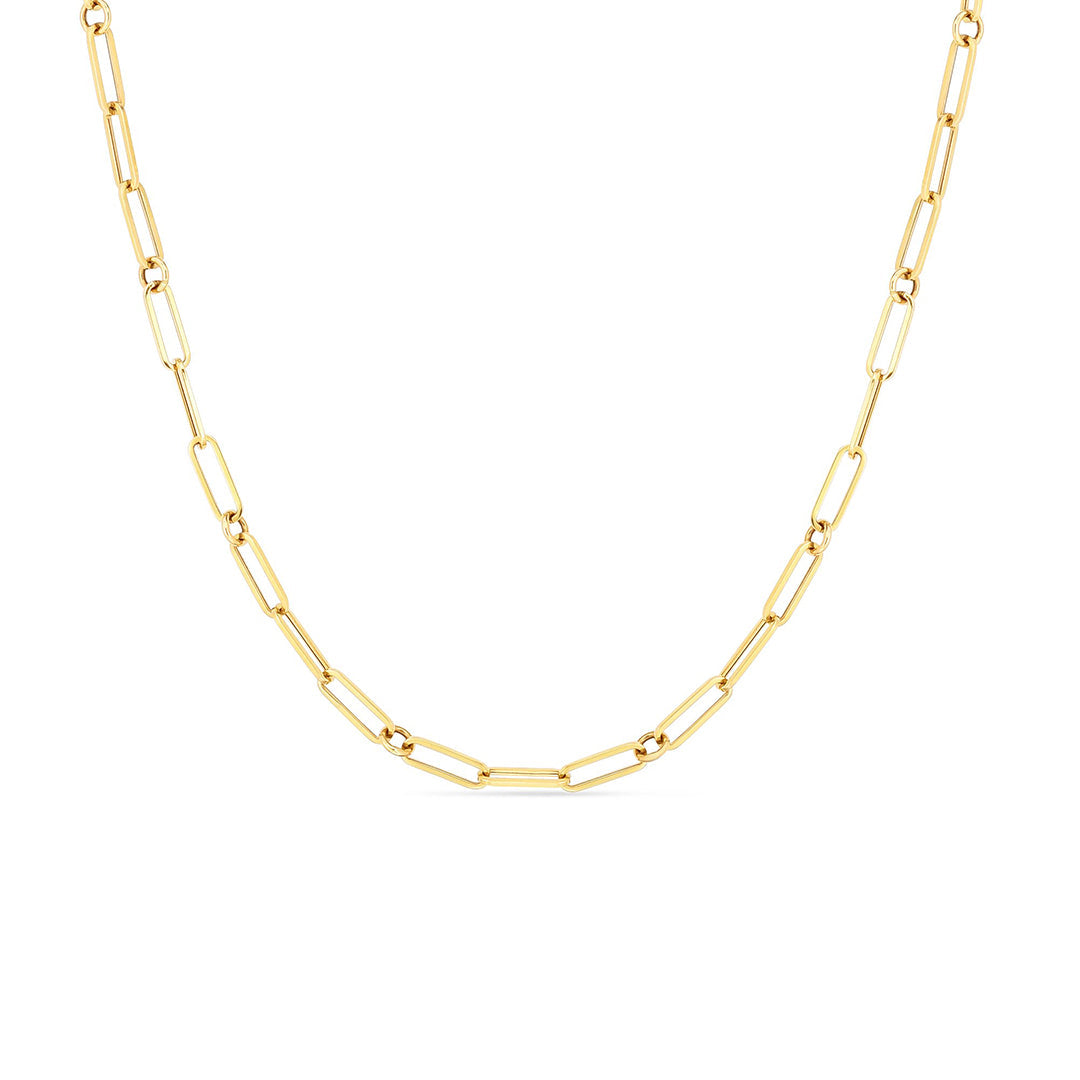 The Roberto Coin Designer Gold 18K Yellow Gold Paperclip & Round Link Chain Necklace features elongated rectangular links (10mm x 1mm) in a 19" chain, displayed against a white background.