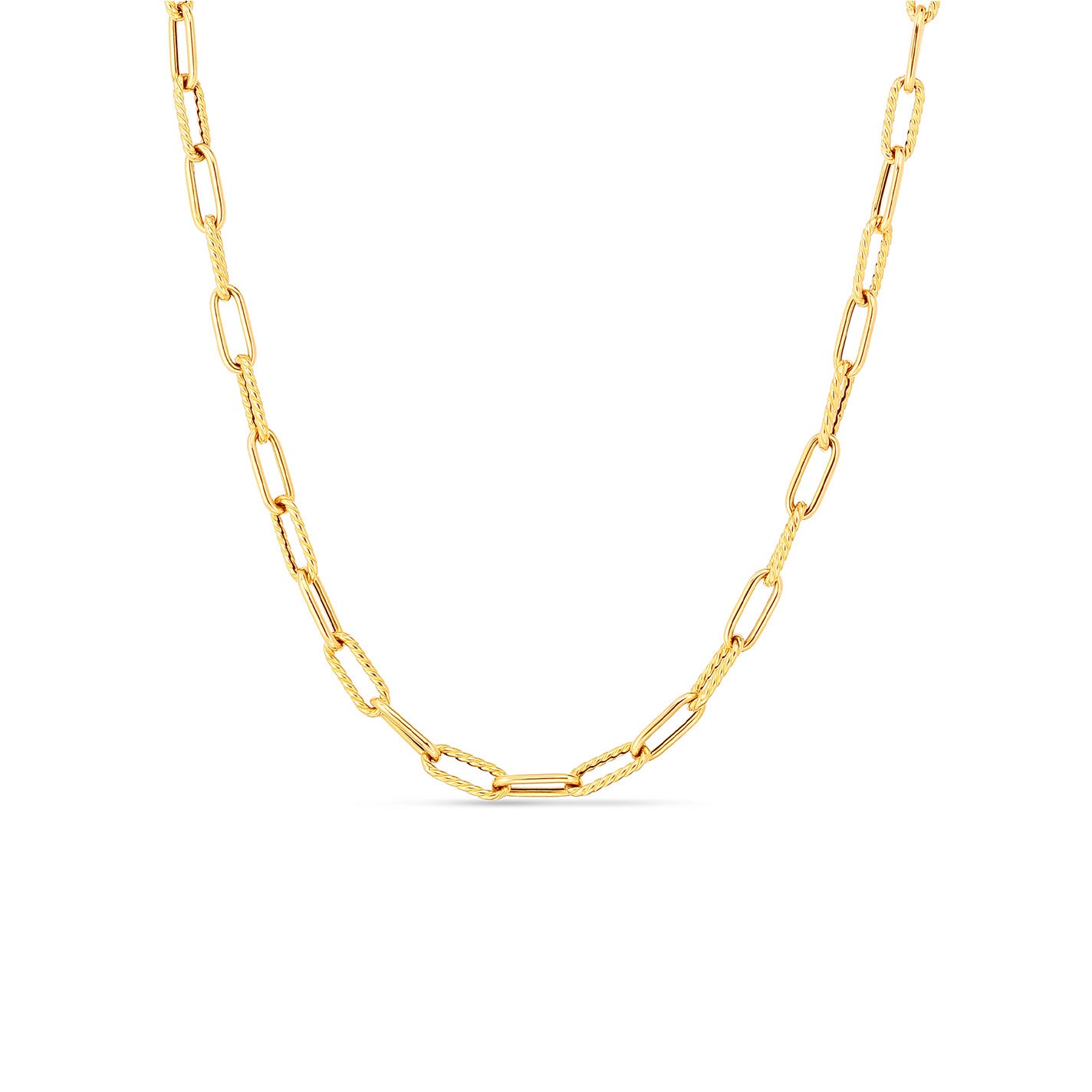 Displayed on a white background is the elegant Roberto Coin Designer 18K Yellow Gold Alternating Polished and Fluted Paper Clip Link Chain Necklace. Crafted from 18k yellow gold, this piece features a stunning design with elongated paperclip links, balancing simplicity and elegance as the centerpiece of the image.