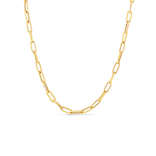 The Roberto Coin Designer 18K Yellow Gold Alternating Polished and Fluted Paper Clip Link Chain Necklace showcases an elegant and sleek design. Its polished, shiny metal provides versatile styling options, making it a timeless piece. The necklace is displayed against a plain white background.