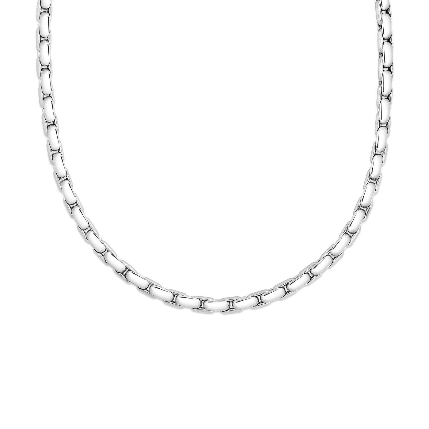 A close-up image of the Roberto Coin Oro Classic 18K White Gold Necklace featuring interlocking oval links. Displayed against a plain white background, the necklace showcases its symmetrical design, an embodiment of Roberto Coin's elegant style.