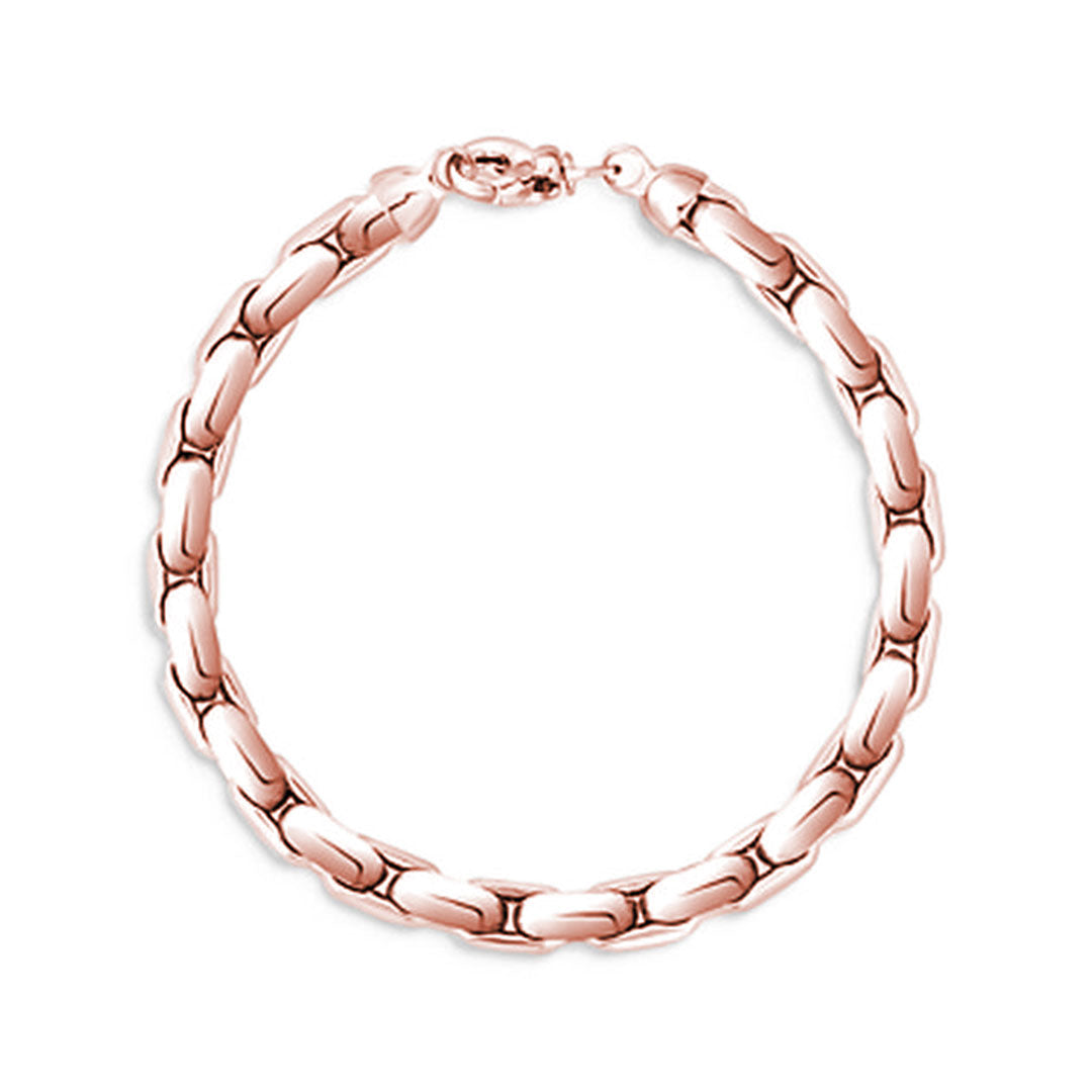 The Roberto Coin Oro Classic 18K Rose Gold Link Bracelet captivates with its exquisite chain-link design and secure lobster clasp, displayed in a graceful circular arrangement on a pristine white background.