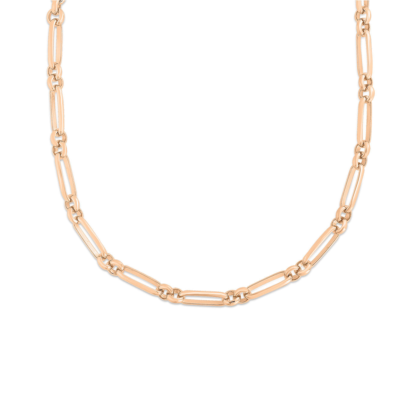 The Roberto Coin Oro Classic 18K Rose Gold Fancy Link Necklace, crafted with elongated links and centered against a white background, showcases interlocking rectangular and oval shapes. This design embodies sleek elegance while capturing the signature style of Roberto Coin.