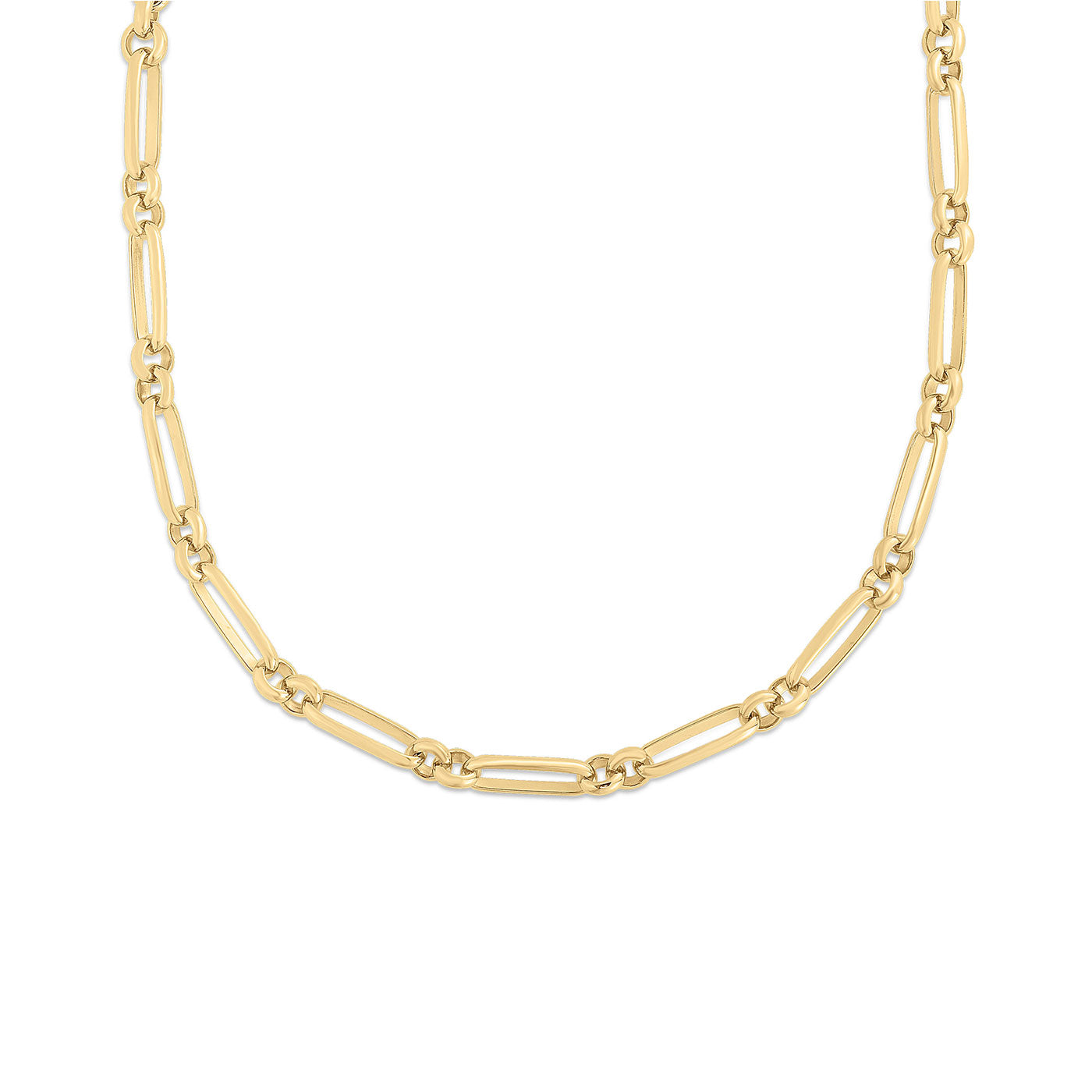 A close-up image highlights the Roberto Coin Oro Classic 18K Yellow Gold Fancy Link Necklace, showcasing elongated oval links connected by smaller connectors for a timeless and elegant appearance. The design, evocative of Roberto Coin's expertise, is set against a plain white background.