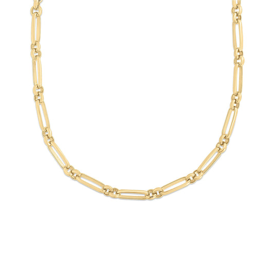 A close-up image highlights the Roberto Coin Oro Classic 18K Yellow Gold Fancy Link Necklace, showcasing elongated oval links connected by smaller connectors for a timeless and elegant appearance. The design, evocative of Roberto Coin's expertise, is set against a plain white background.