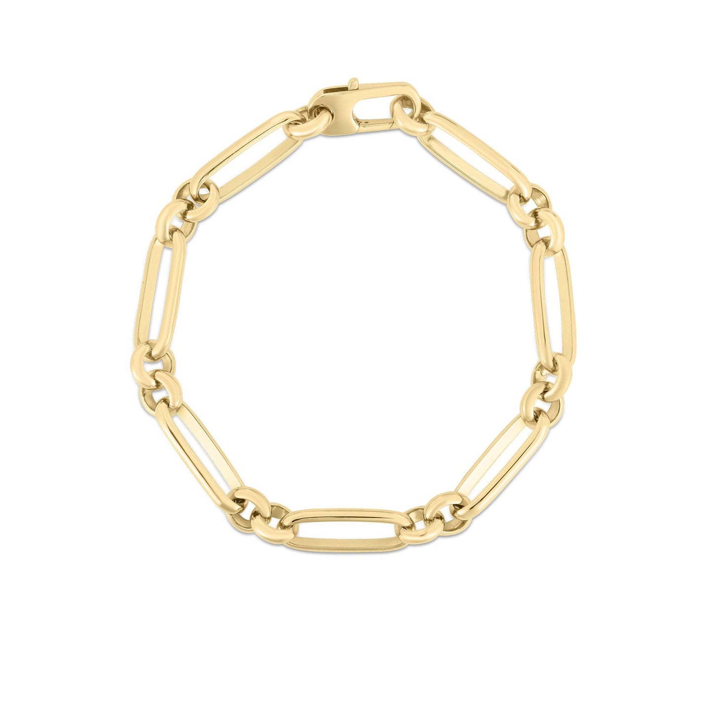 The Roberto Coin Designer 18K Yellow Gold Mixed Link Bracelet features elongated oval links, a clasp closure, and measures about 7 inches long, shown here on a white background.