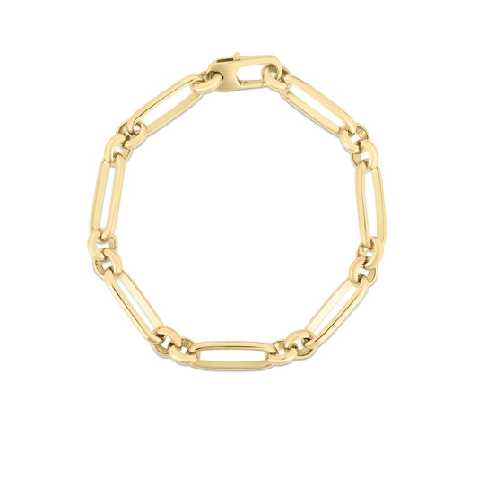 The Roberto Coin Designer 18K Yellow Gold Mixed Link Bracelet features elongated oval links, a clasp closure, and measures about 7 inches long, shown here on a white background.